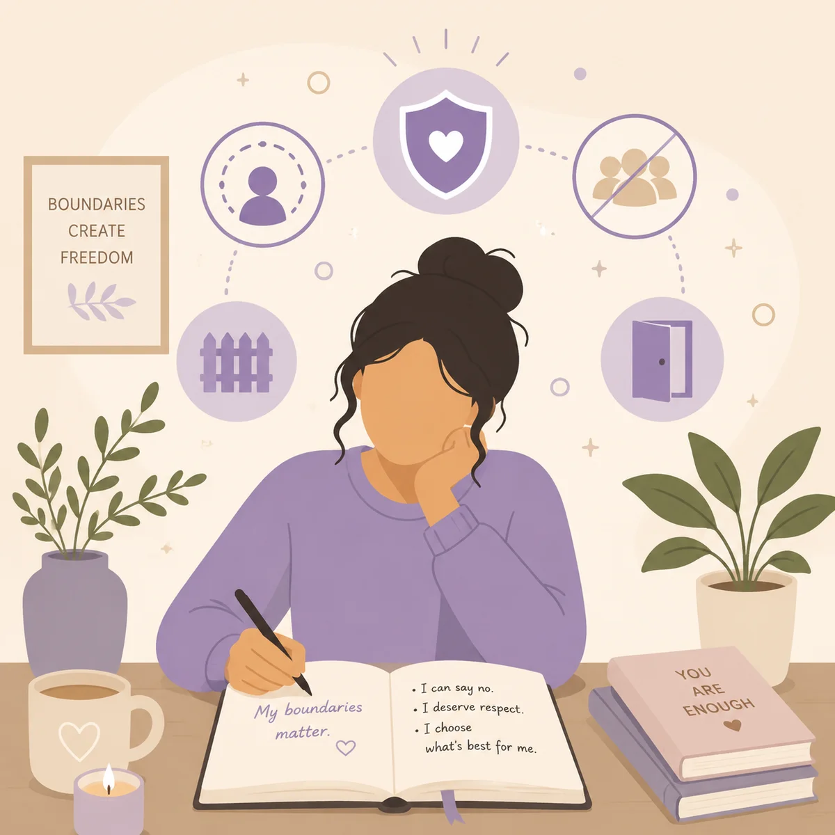 Flat vector illustration of a person writing in a journal with boundary icons floating above, lavender and warm beige palette