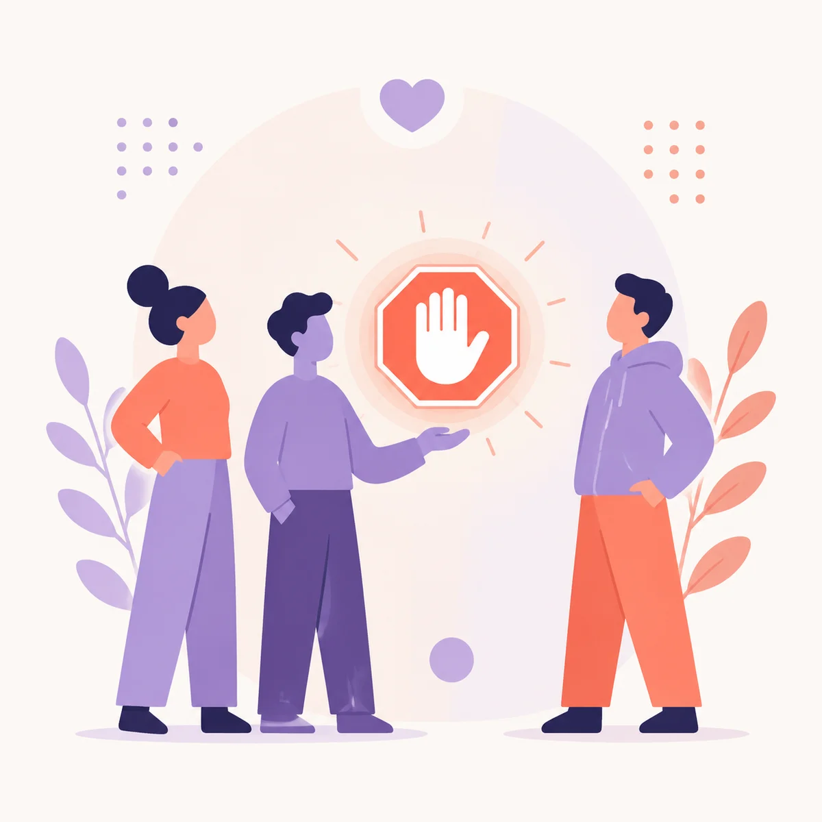 Flat vector illustration of three abstract figures with a visible stop signal icon between them, soft warm tones with lavender