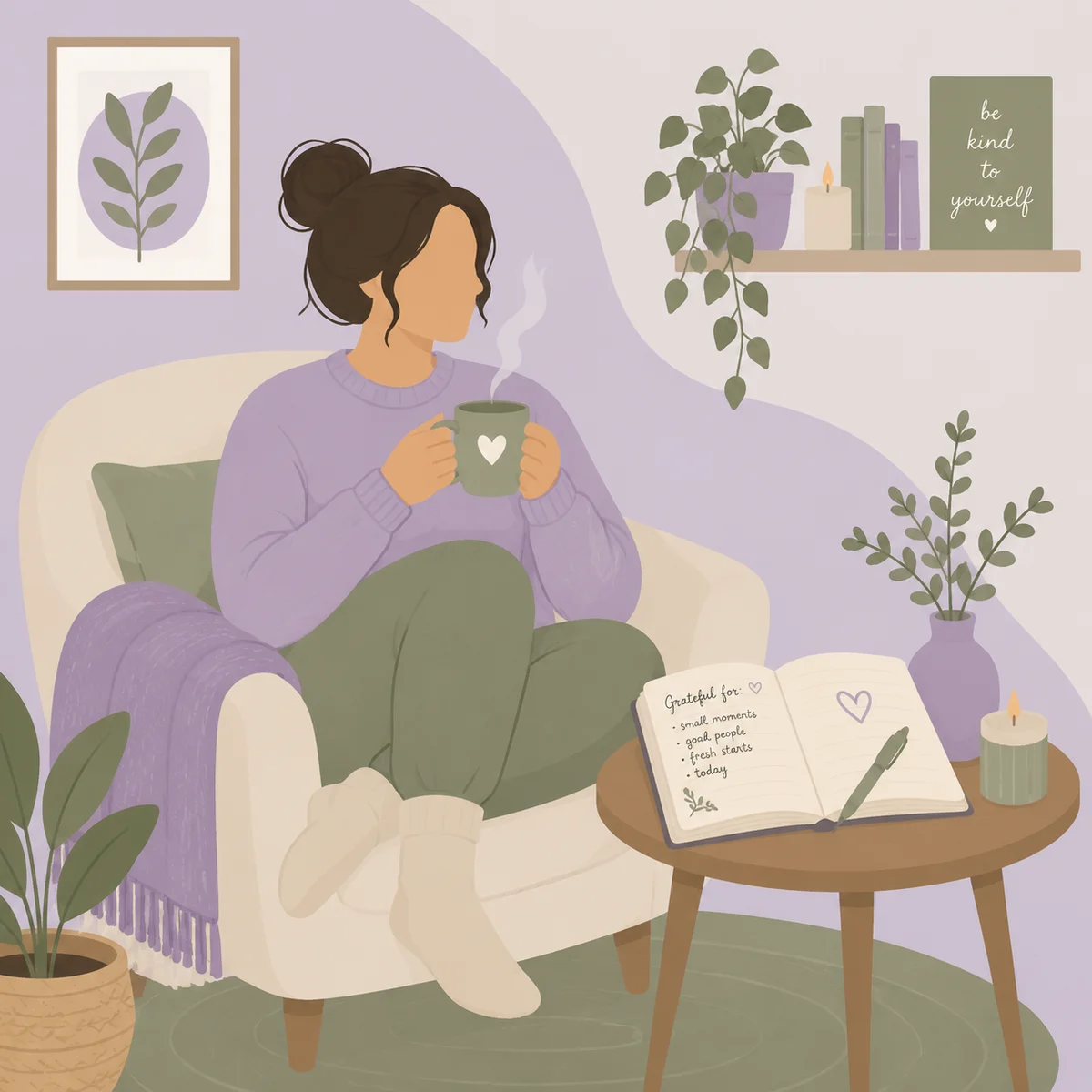 Flat vector illustration of a person in a calm self-care setting with a journal and tea, soft lavender and warm beige tones