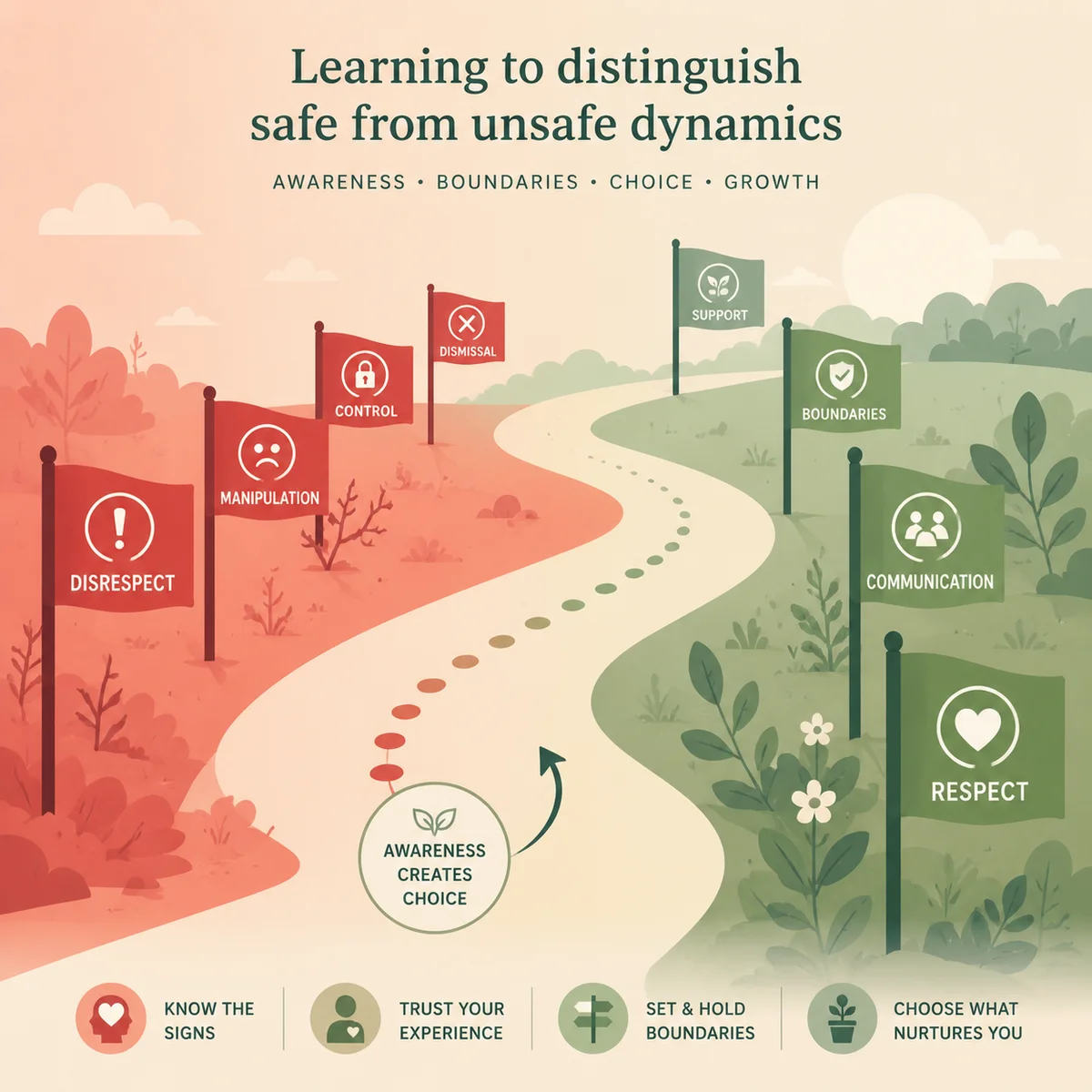 Flat vector illustration of red flags transforming into green flags along a curved pathway, warm pastel coral shifting to sage green