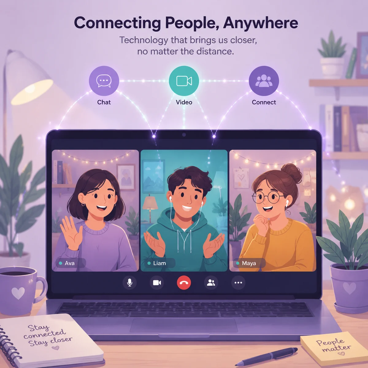 Three people on a video call grid connected by digital lines, representing virtual threesome dating
