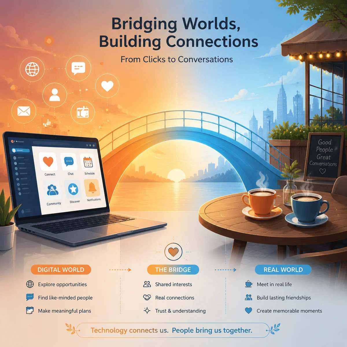 Bridge connecting digital screen to real-world coffee shop meeting