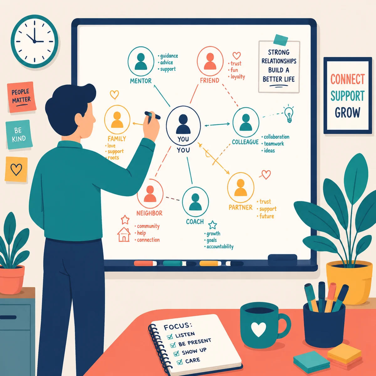 Flat vector person mapping a polycule diagram on whiteboard