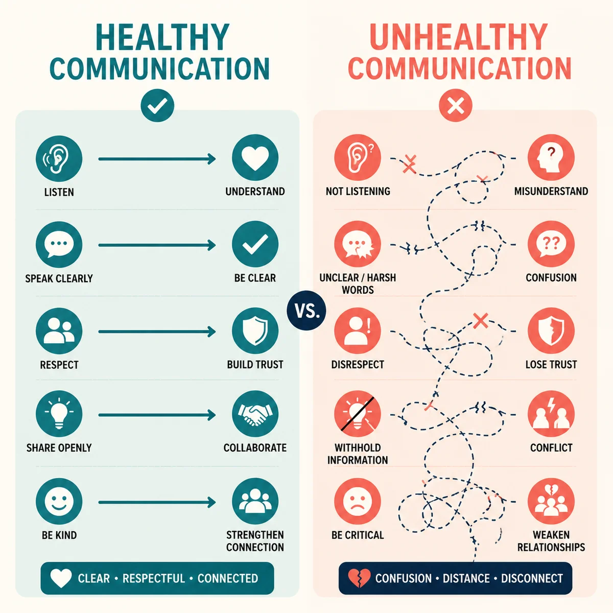 Side-by-side comparison of healthy vs unhealthy polycule communication patterns