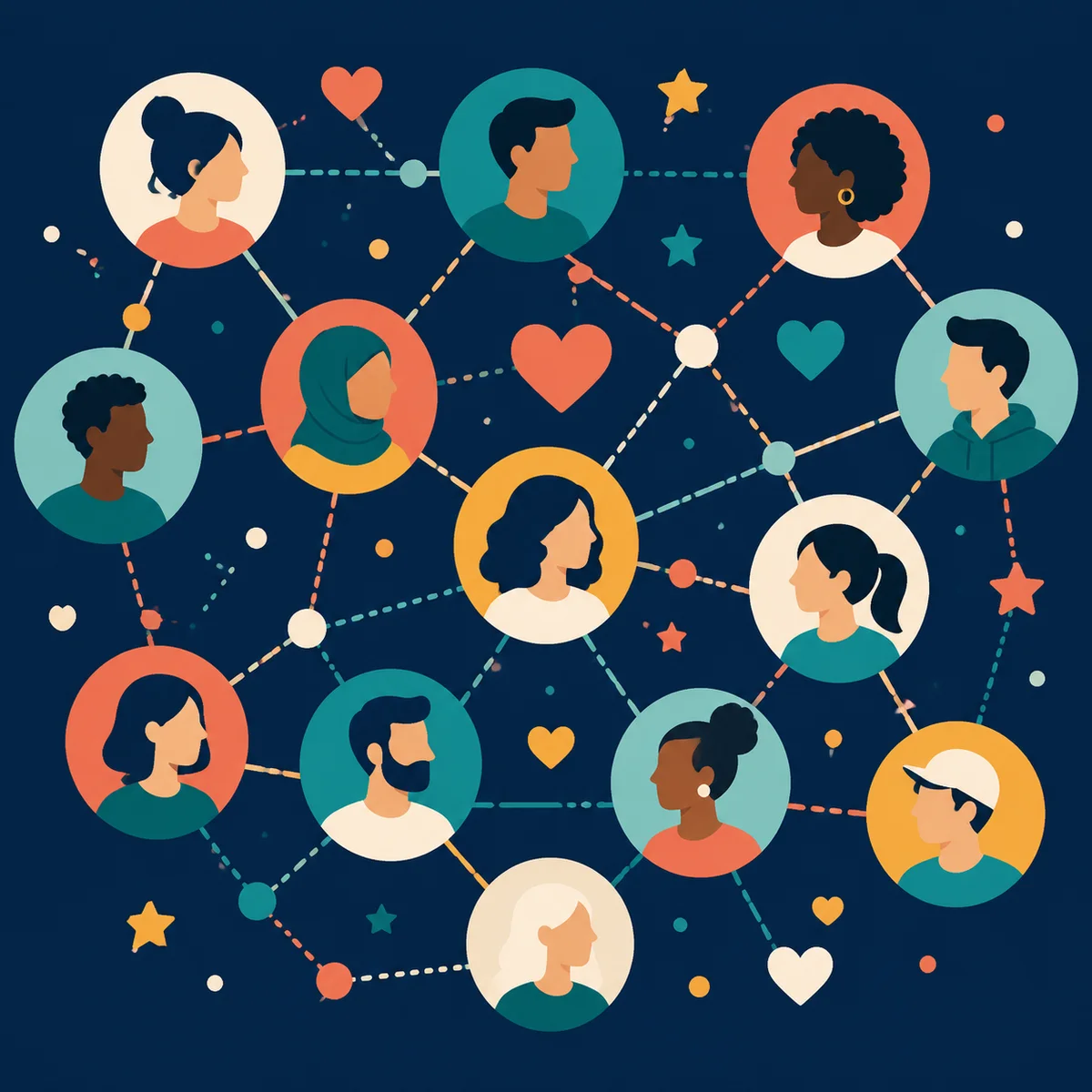 Flat vector community network of connected abstract figures with heart icons