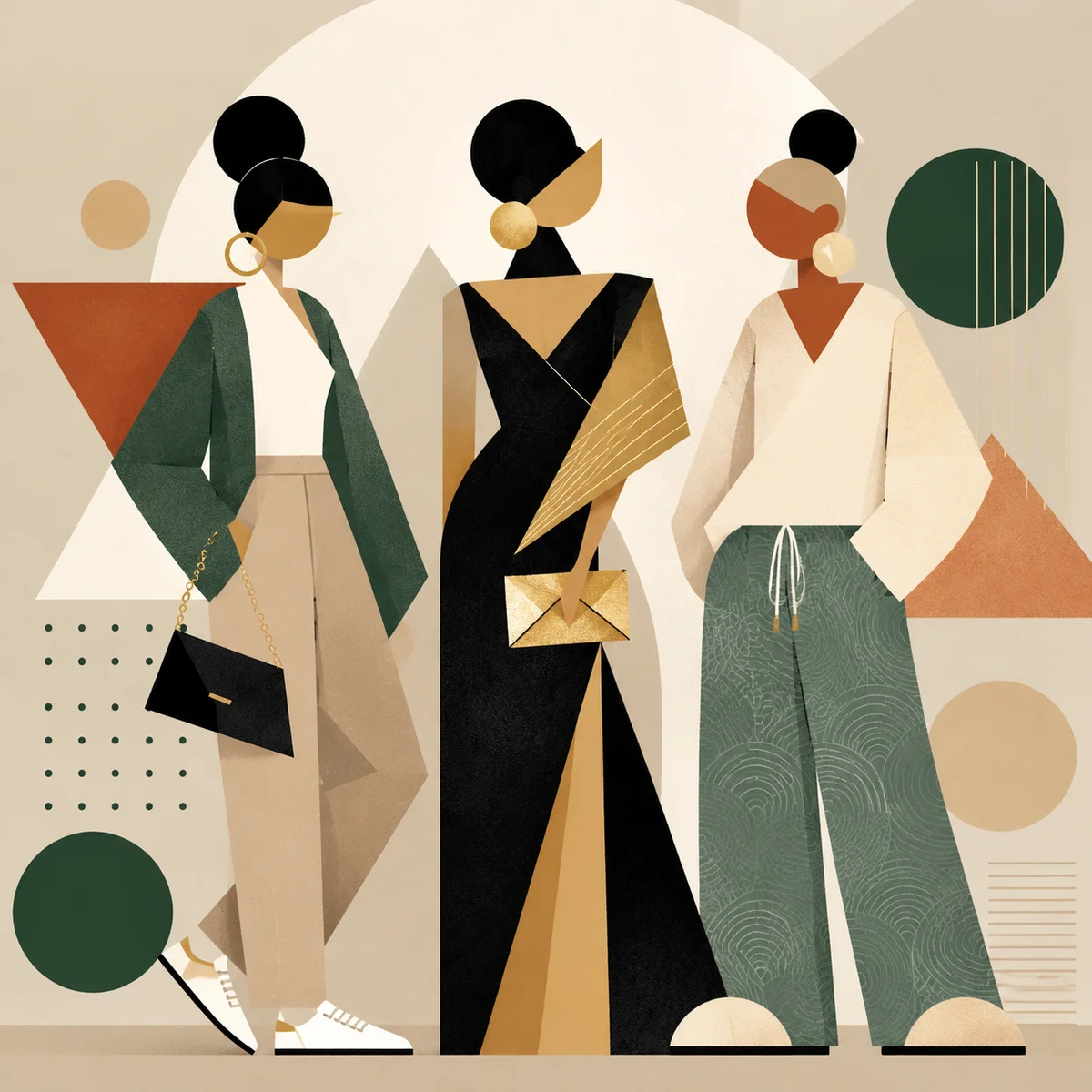 Abstract geometric figures representing three different personal styles for a threesome date