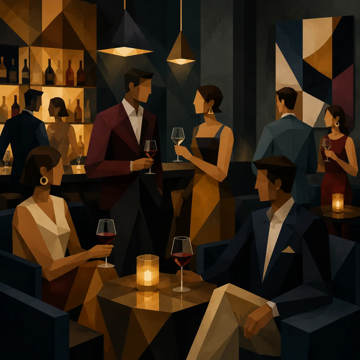 Stylish bar setting with coordinated but not matching outfits for threesome meeting