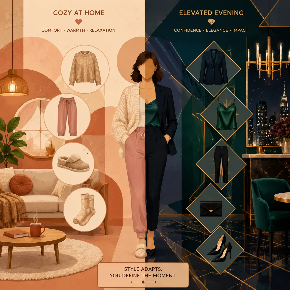 Split composition comparing home comfort and upscale venue outfit choices for threesome date
