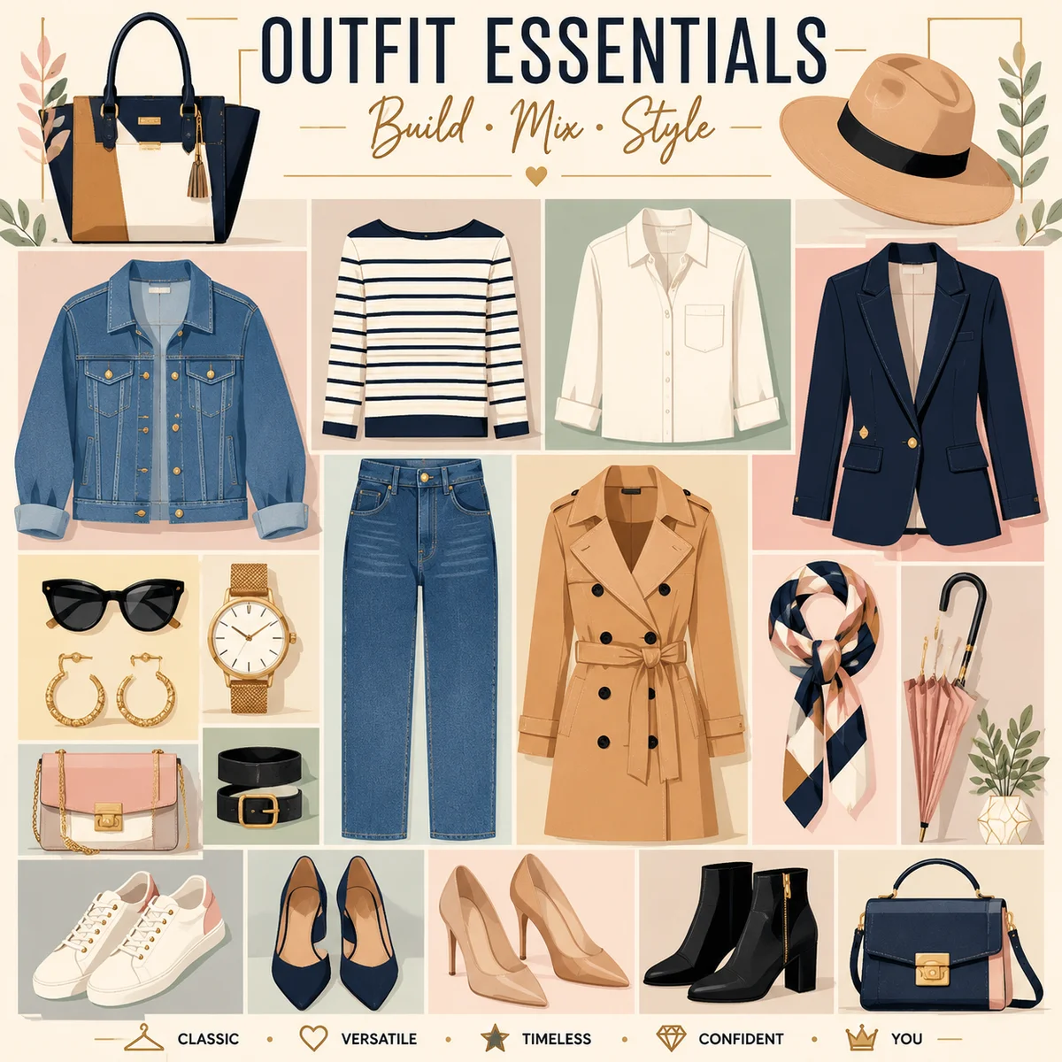 Infographic-style flat lay of outfit essentials for a threesome date — geometric pattern design