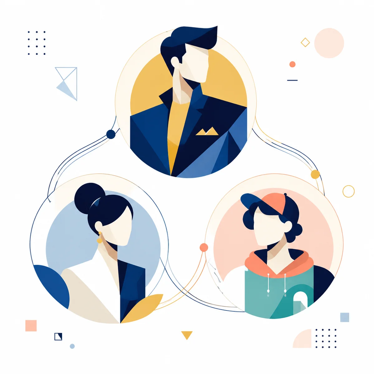 Three geometric avatars in triangular composition representing different personal styles for threesome dating