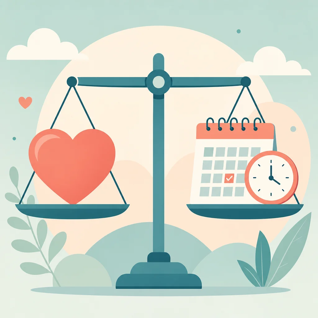 Flat vector of balanced scale with heart and calendar, soft teal and coral