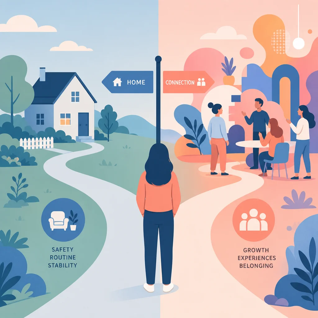 Figure at crossroads between home life and colorful social space, pastel blue flat vector
