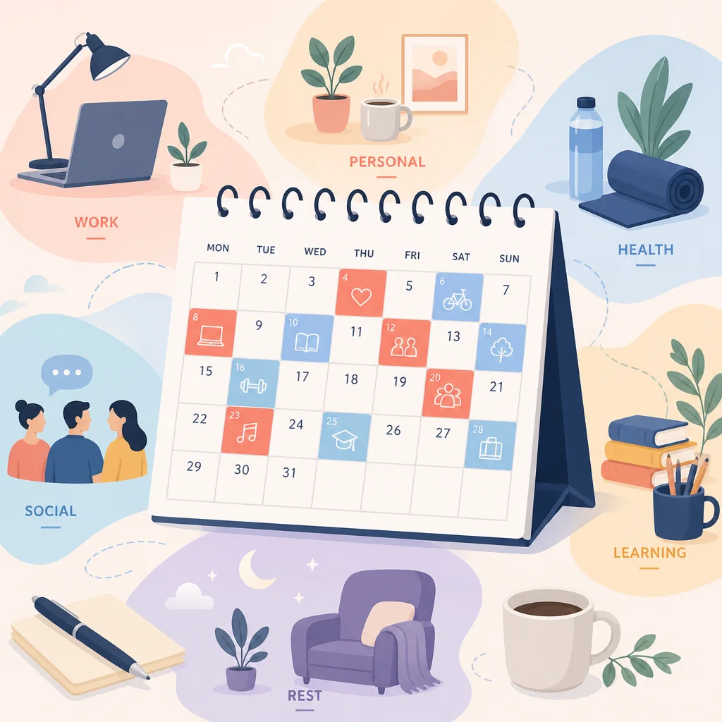 Calendar with highlighted days in coral and blue, flat vector
