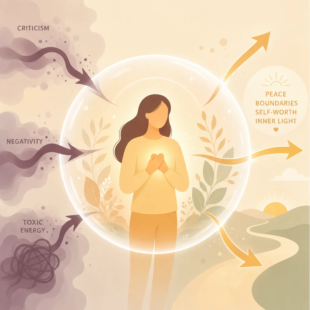 Glowing figure with protective translucent bubble, warm amber flat vector