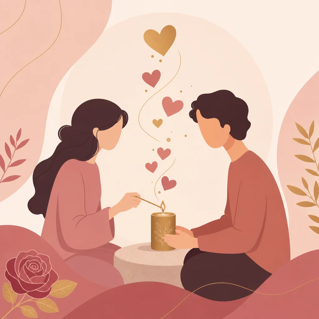 Two figures lighting a candle together with heart shapes floating upward, rose and gold flat vector
