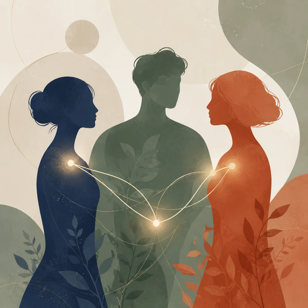 Editorial-style illustration showing three distinct individuals connected by soft lines, representing the metamour dynamic in polyamory