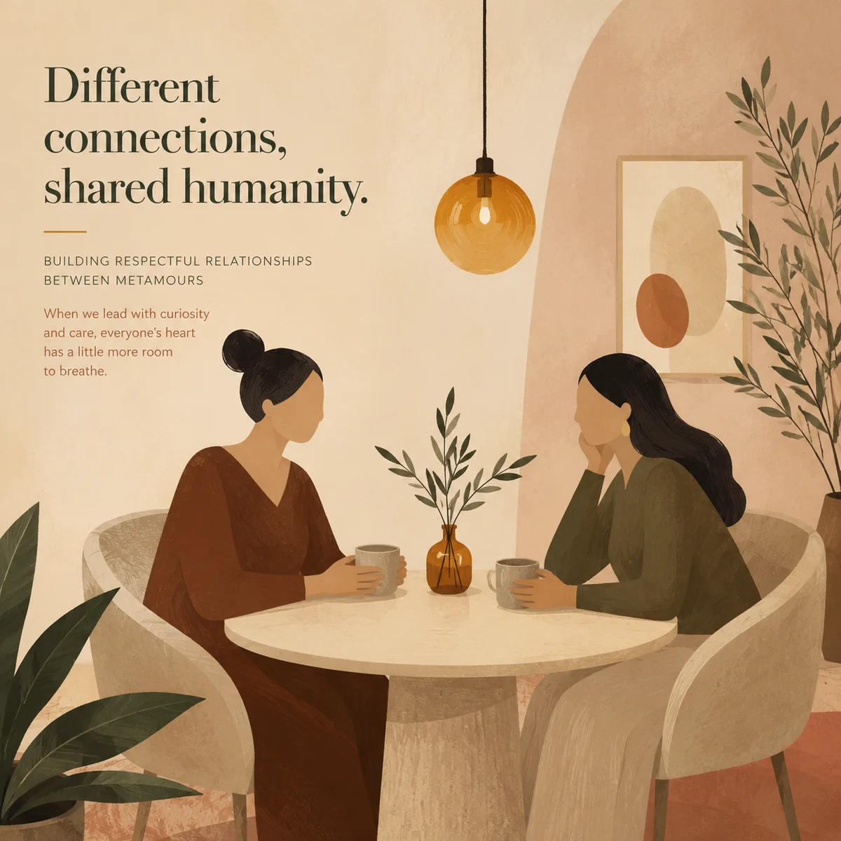 Editorial illustration of two people having a calm conversation across a table, with warm indirect lighting and magazine-style composition