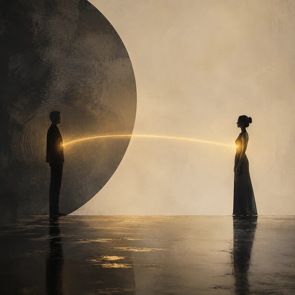 Editorial illustration of two figures standing at a respectful distance, connected by a gentle light, representing intentional parallel polyamory