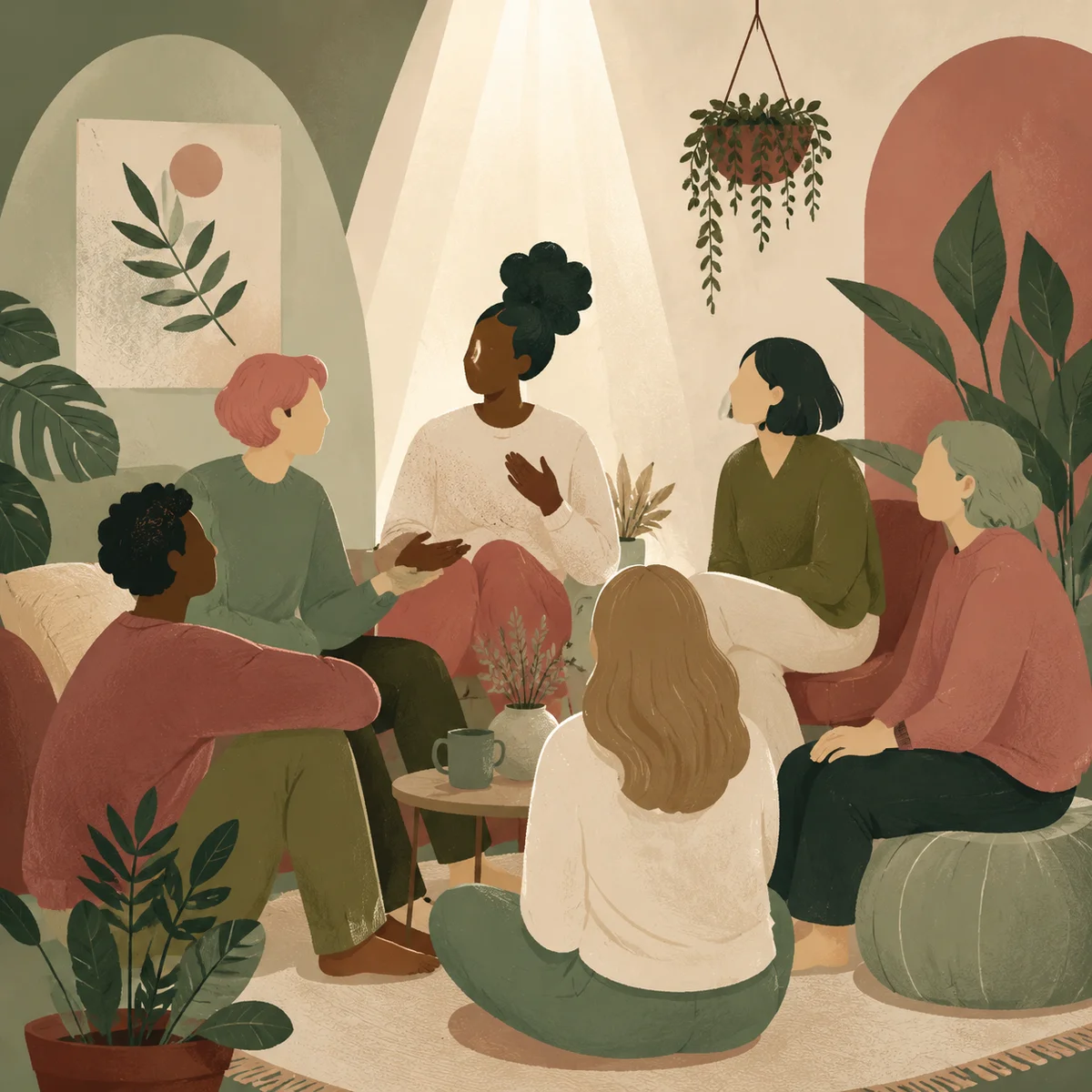 Editorial illustration of diverse people in warm conversation, magazine-layout composition with soft natural tones