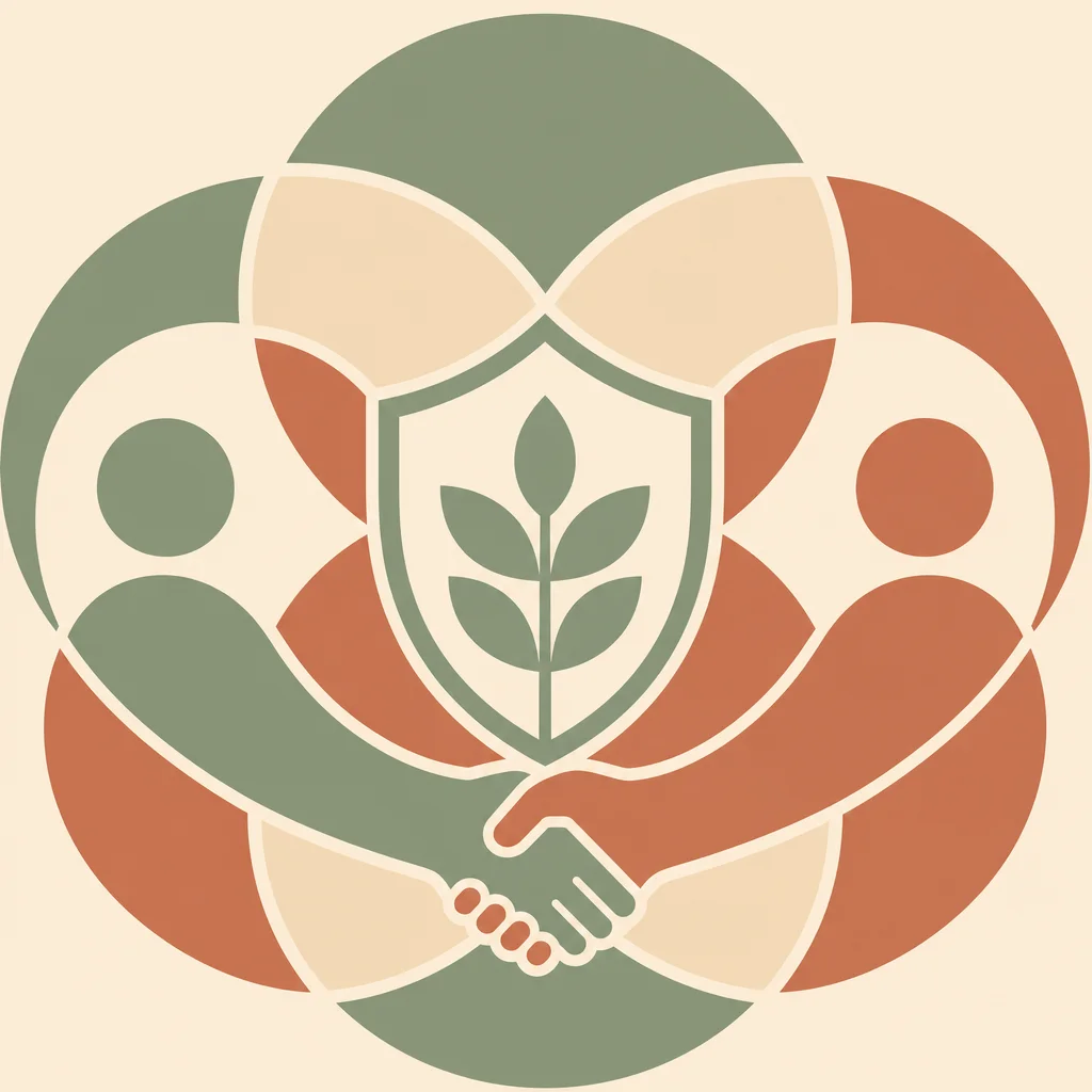 Geometric pattern of interlocking circles and a central shield shape, sage green and cream tones