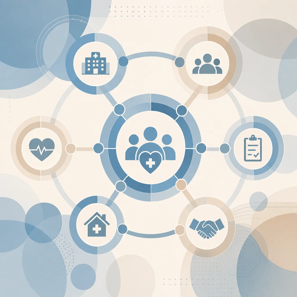 Geometric abstract composition of connected rings and overlapping transparent shapes in dusty blue and cream