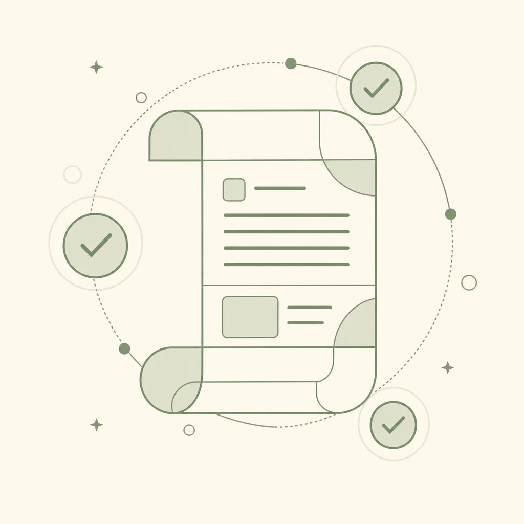 Geometric pattern of a document shape formed by intersecting lines with checkmark circles, sage and cream