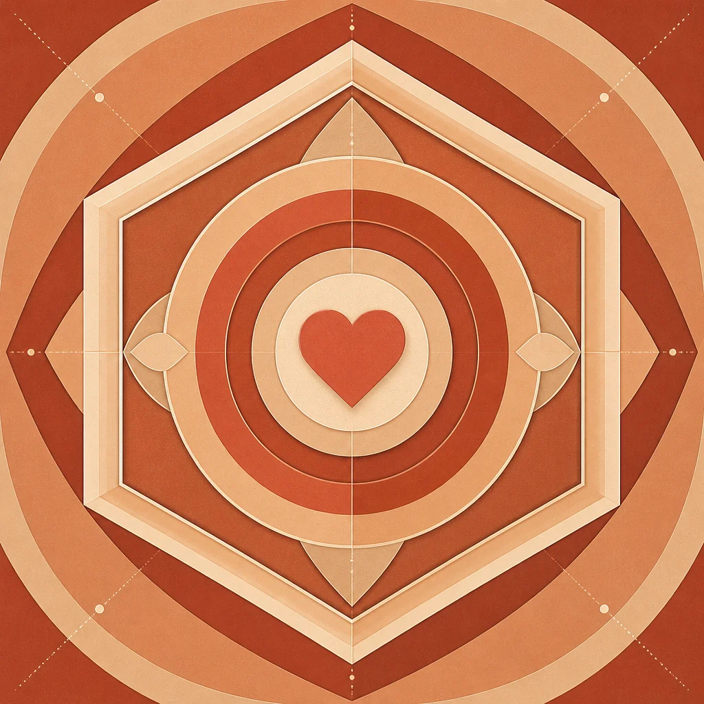 Geometric illustration of concentric circles with a heart shape at center and hexagonal shield patterns, terracotta and cream