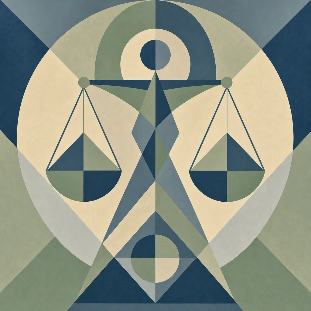 Geometric composition of balanced scale motif from intersecting triangles and circles, dusky blue and sage green