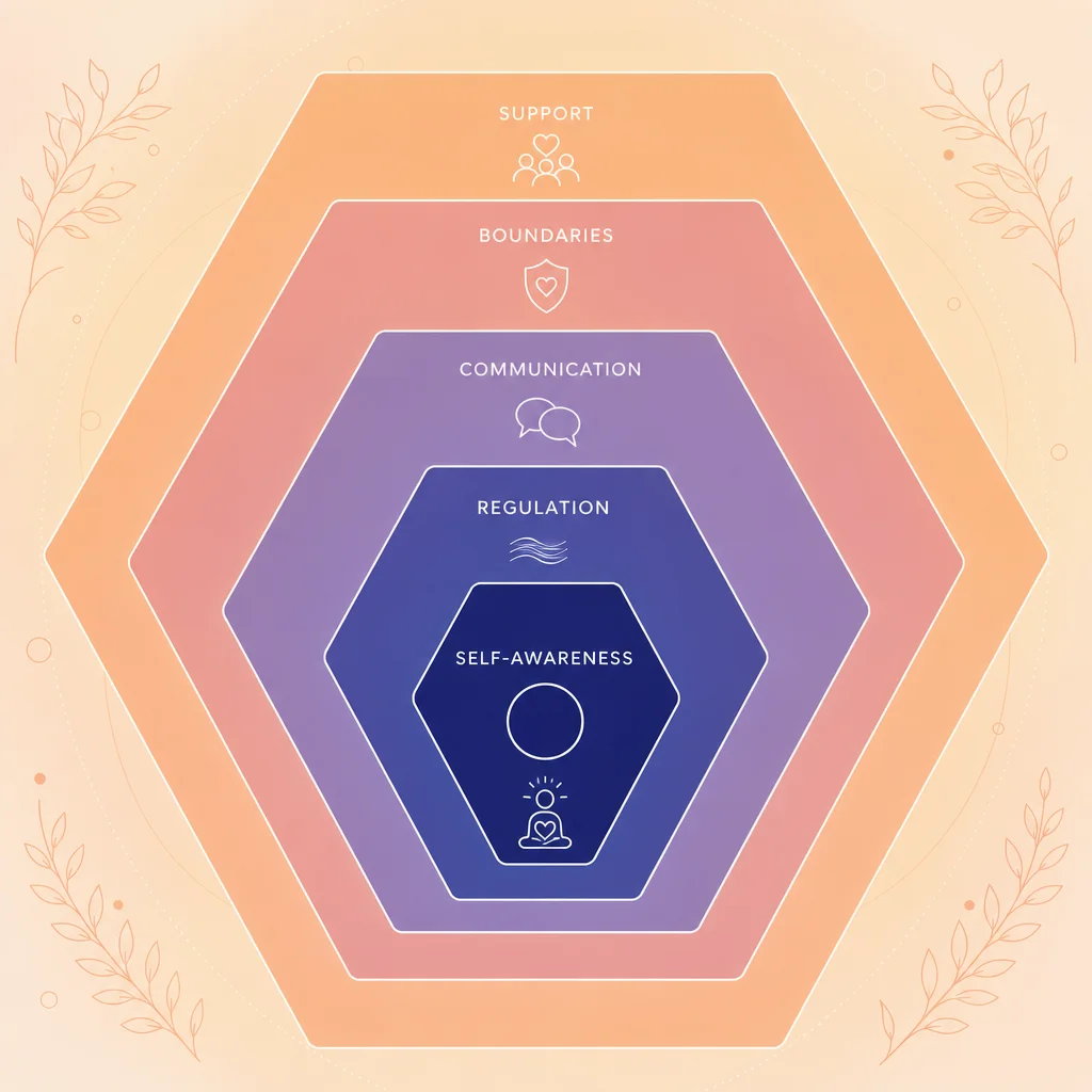 Geometric pattern showing emotional resilience in enm is built in layers — each ring of self-awareness, regulation, and support strengthens the whole