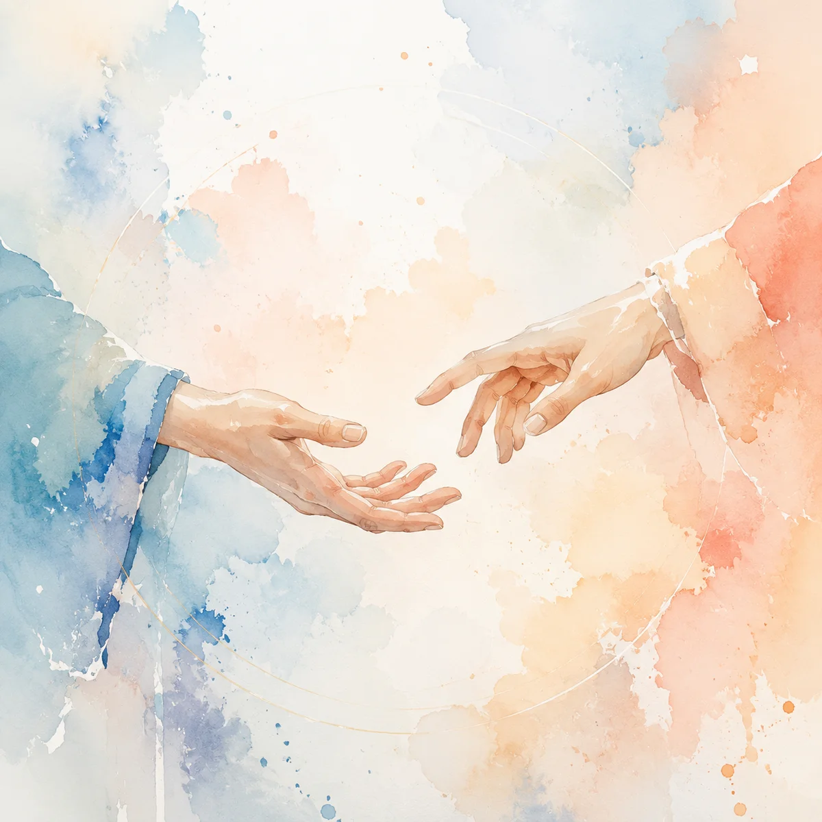 Watercolor hands reaching toward each other in pastel tones symbolizing trust and connection