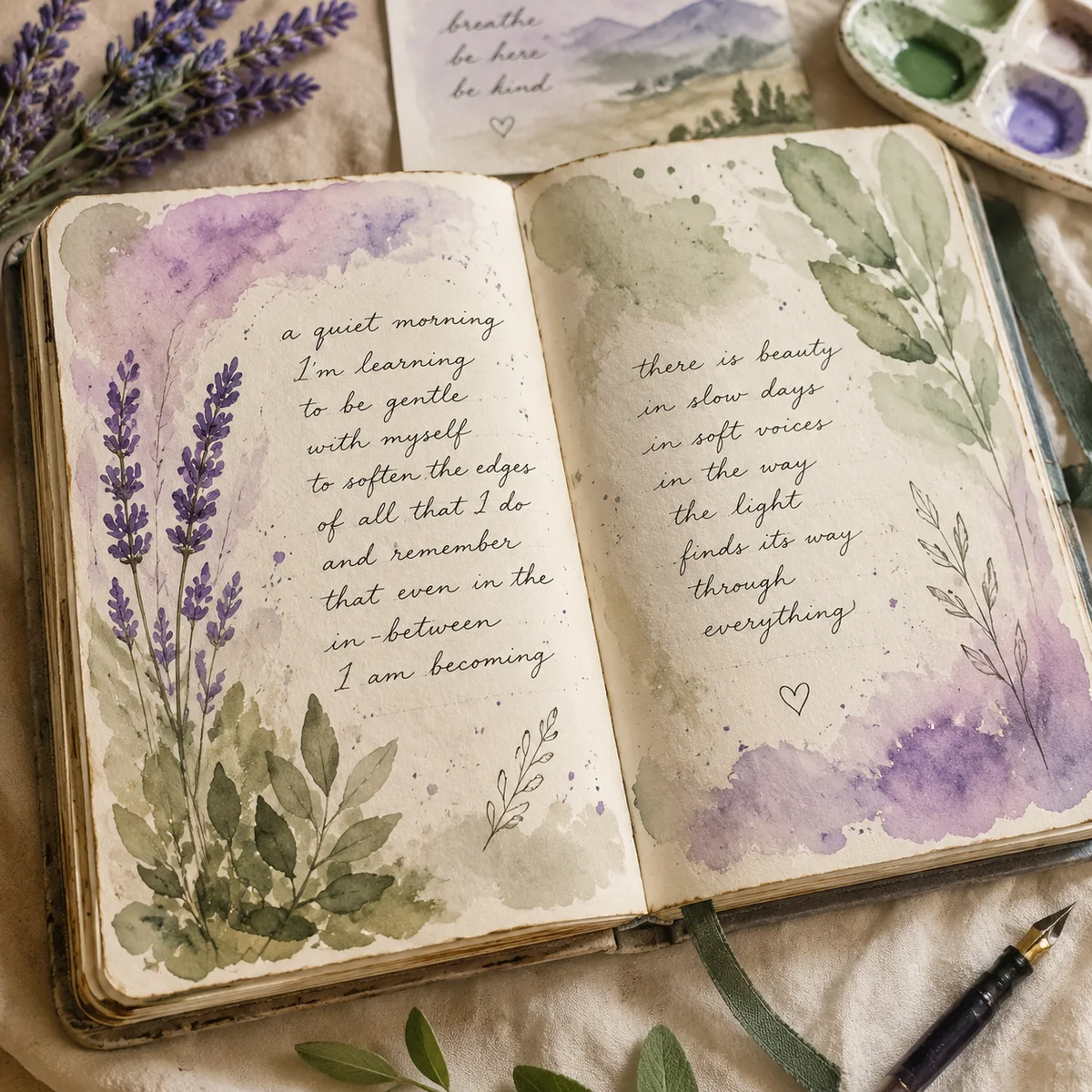 Watercolor open journal with flowing script representing self-reflection