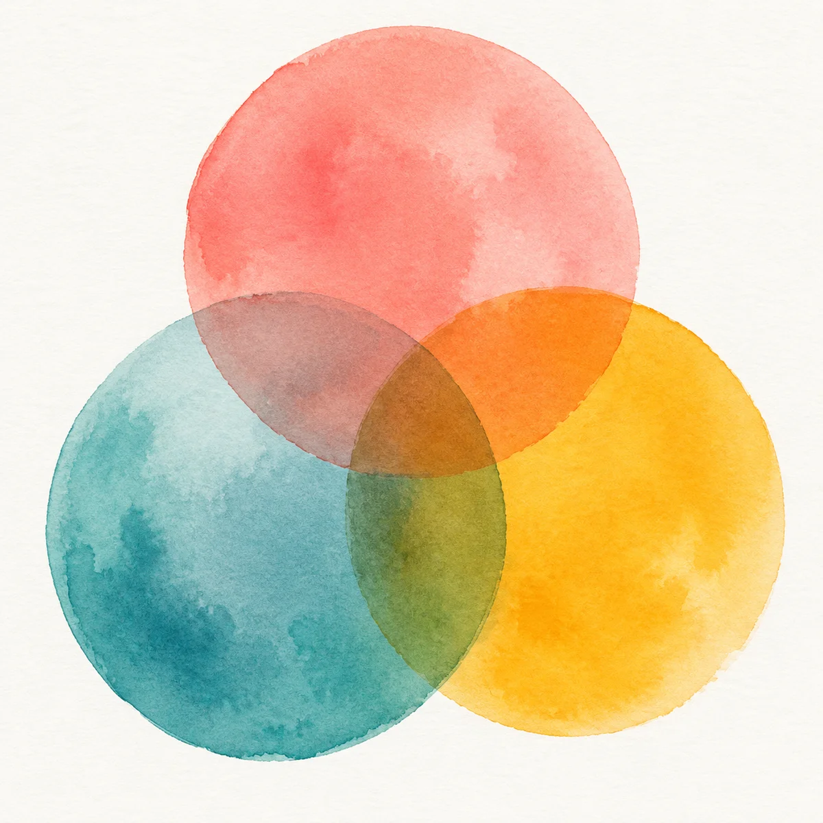 Abstract watercolor overlapping circles in coral blue gold representing three-way trust