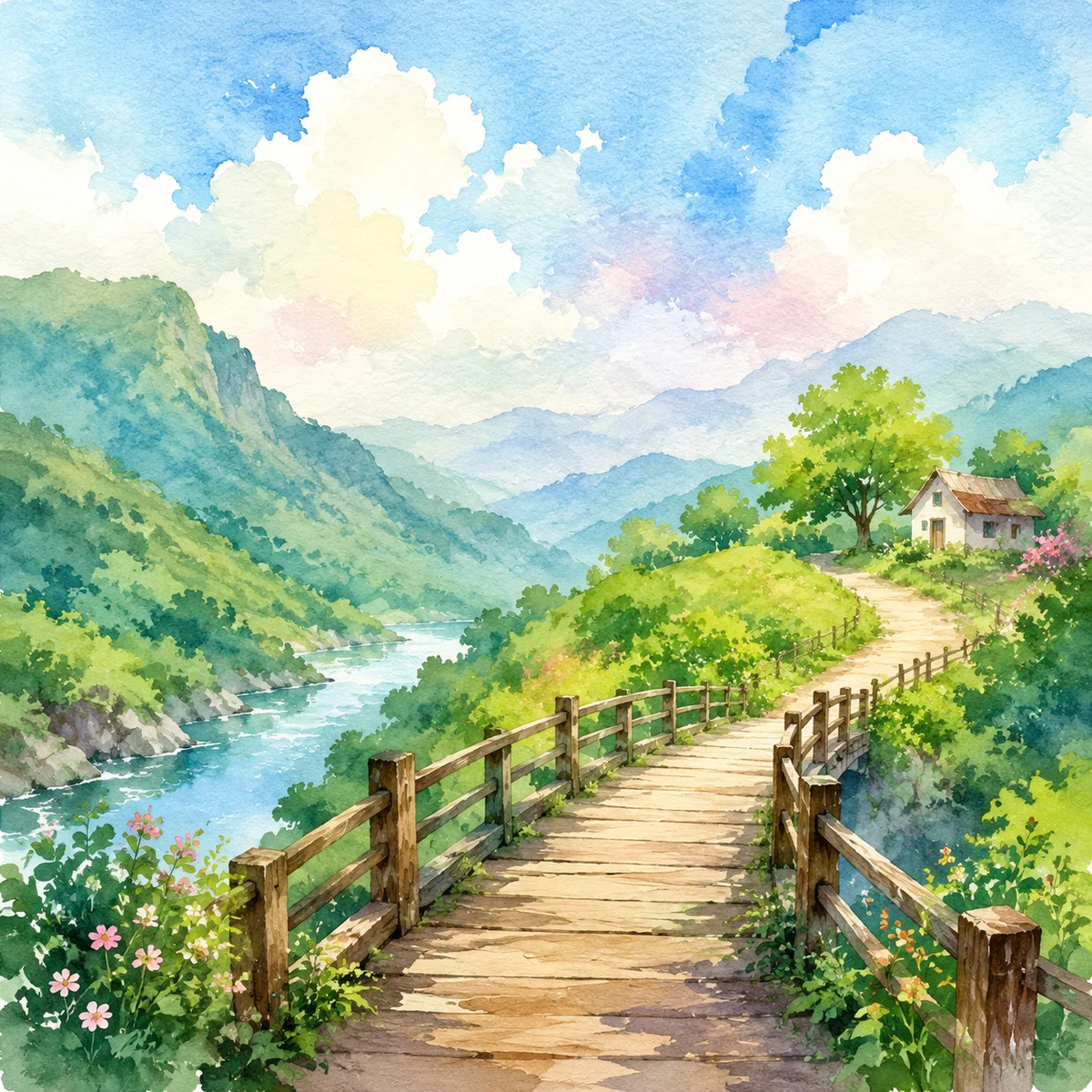 Watercolor bridge connecting hills under pastel sky symbolizing building connection