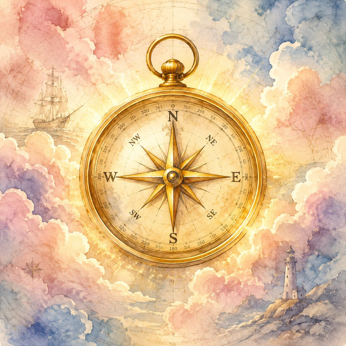 Vintage watercolor compass with golden glow and clouds symbolizing guidance