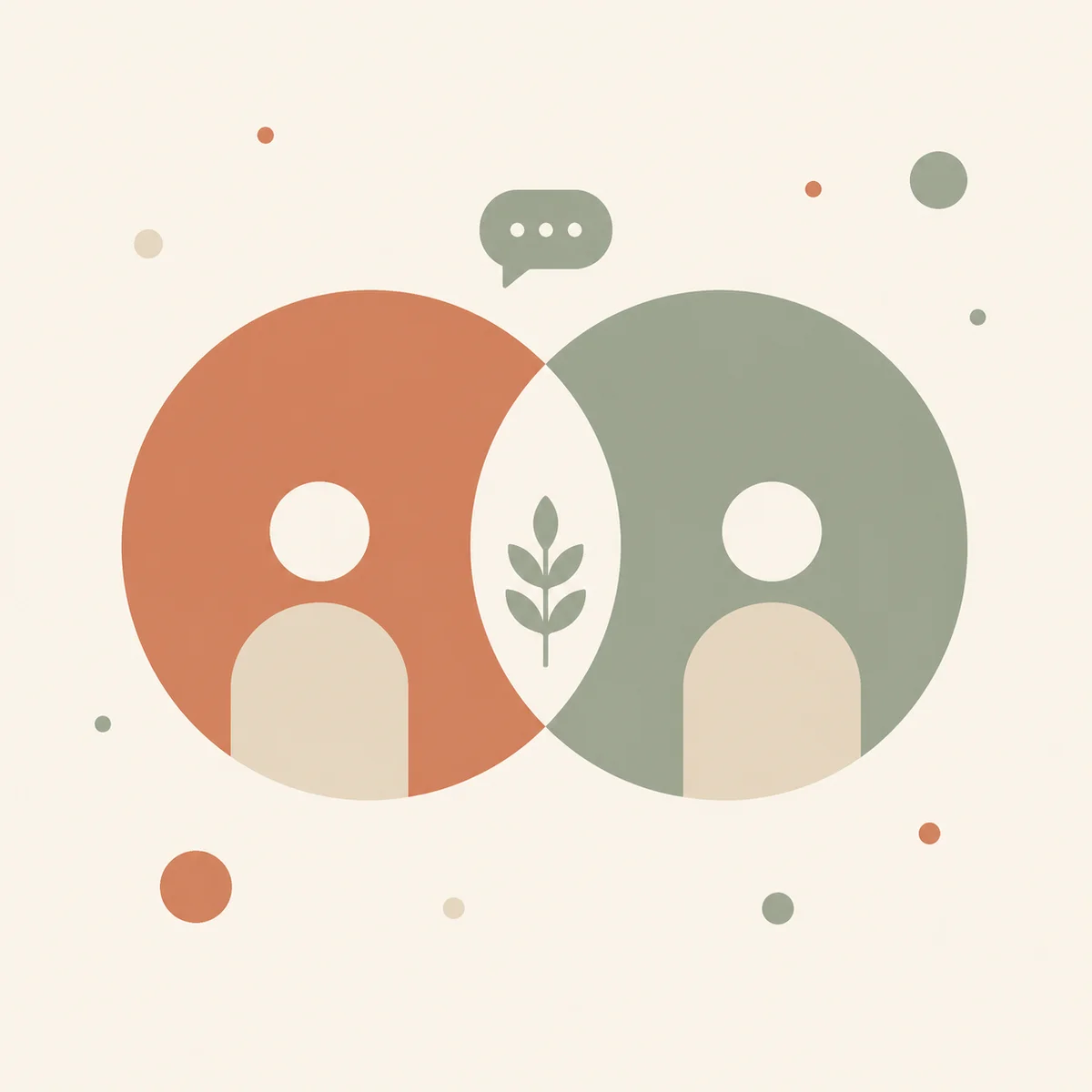 Intersecting circles with scattered dots representing dialogue between polyamorous people and family