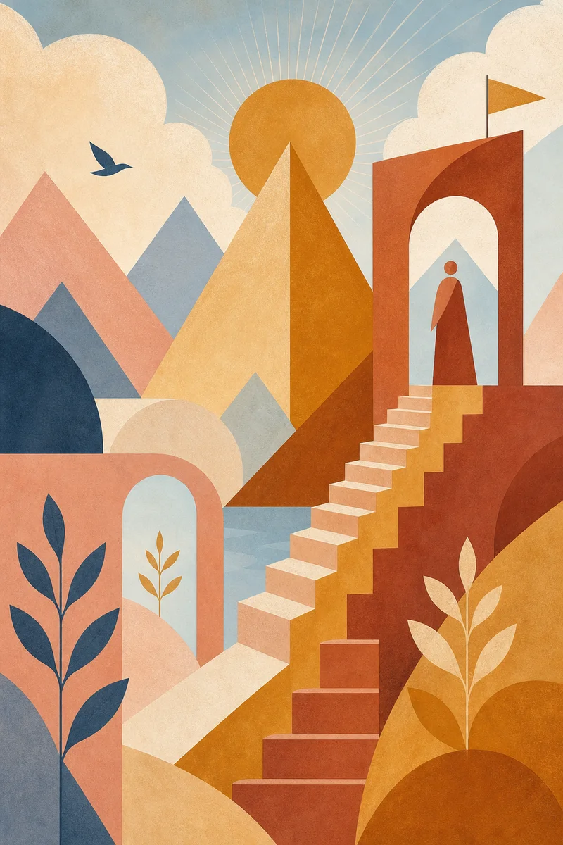 Rising geometric shapes in warm tones suggesting personal growth and courage in disclosure