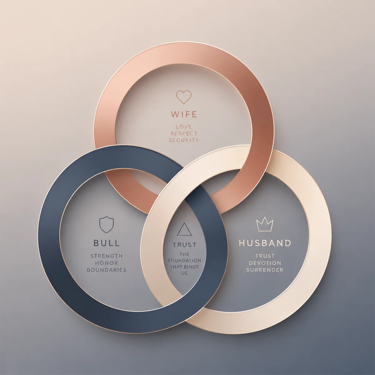 Three interconnected geometric rings representing the trust triangle in cuckold relationships