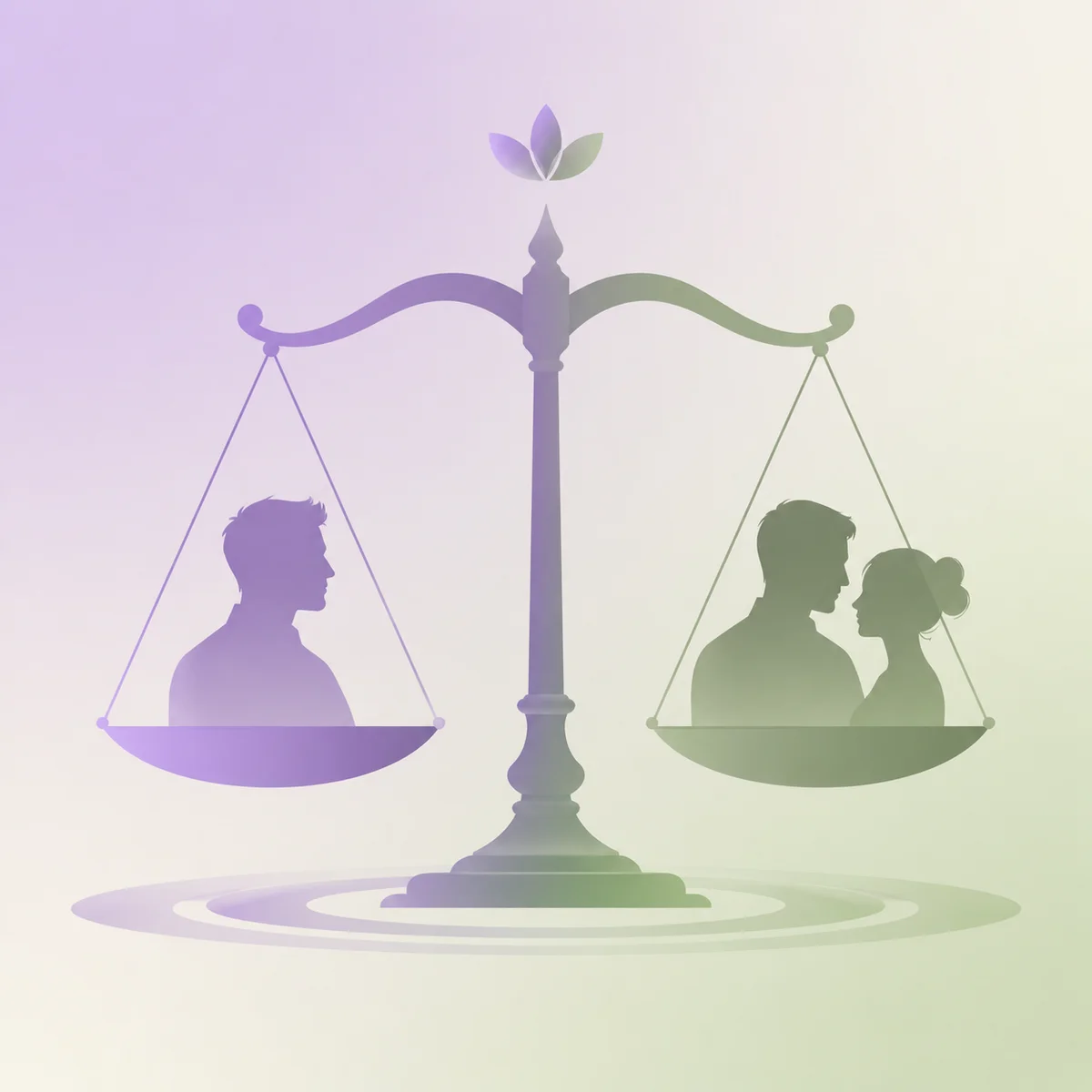 Balanced scale silhouette in soft gradients symbolizing power dynamics negotiation