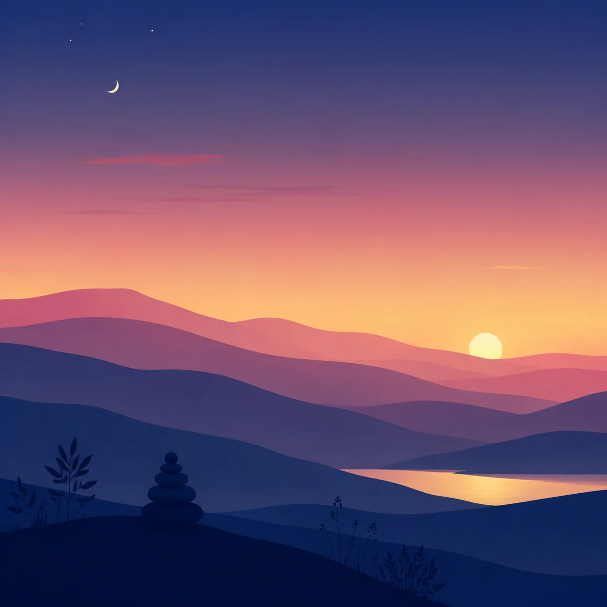 Layered hills at dusk in gradient colors evoking emotional safety and inner peace