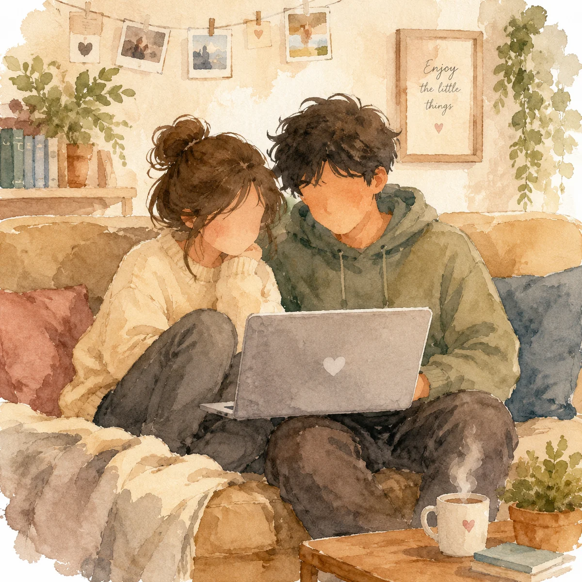 Couple researching unicorn dating together on a laptop in soft watercolor style