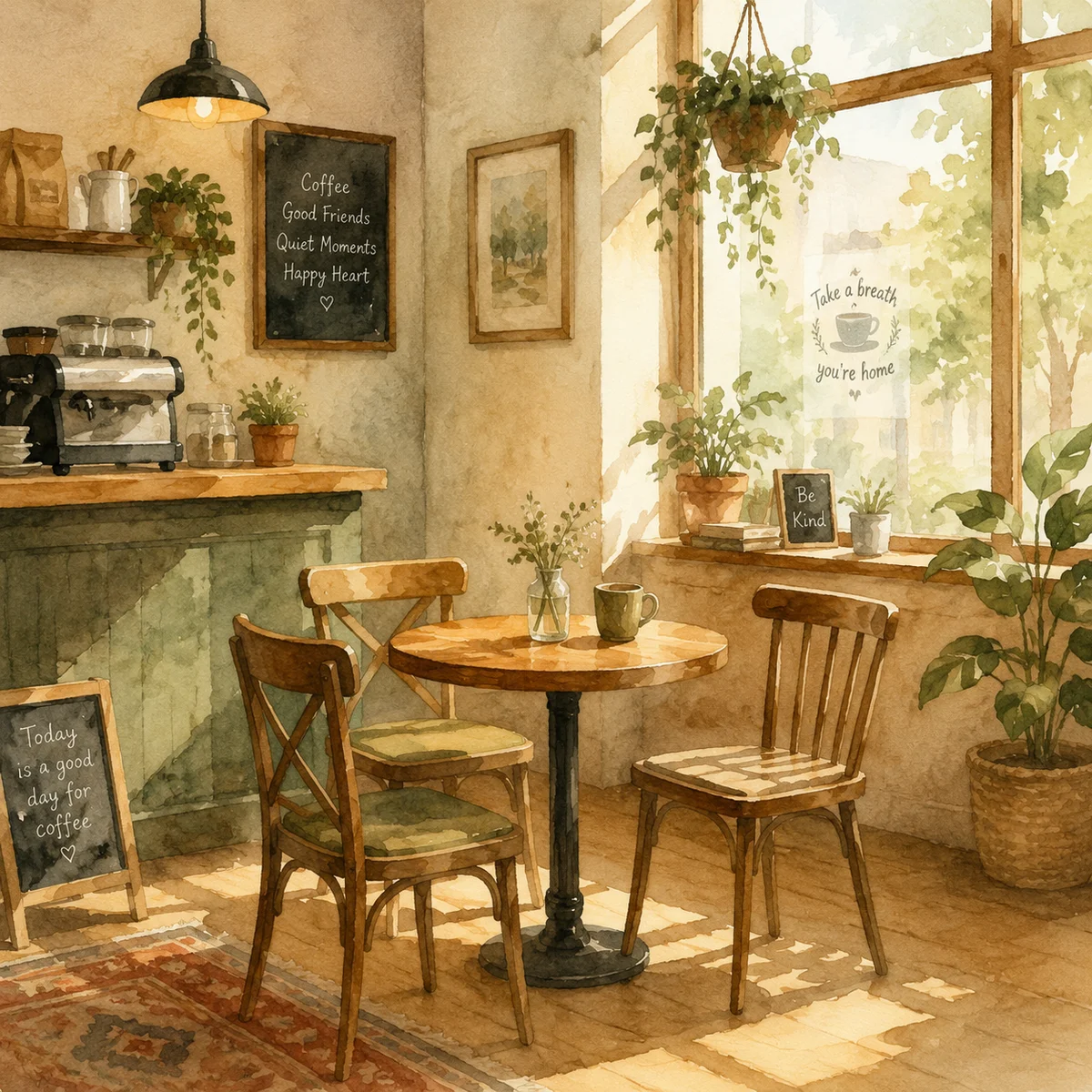 Empty coffee shop table with three chairs ready for a meetup, soft watercolor
