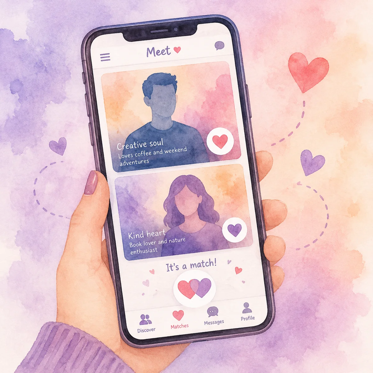 Smartphone showing dating app for couples seeking third partner, watercolor illustration
