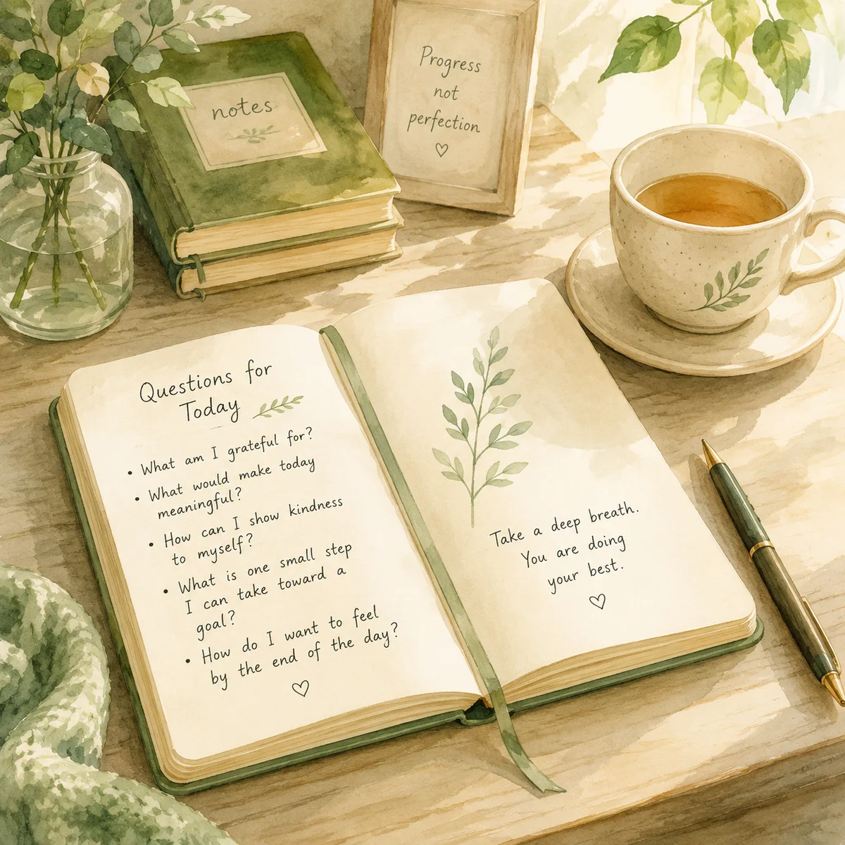Open notebook with preparation questions for unicorn dating, watercolor style