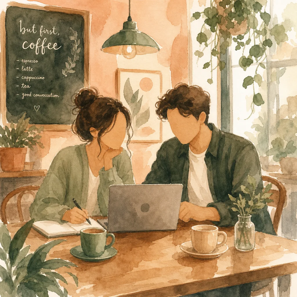 Watercolor of a couple collaborating on a laptop at a cafe, representing shared profile creation
