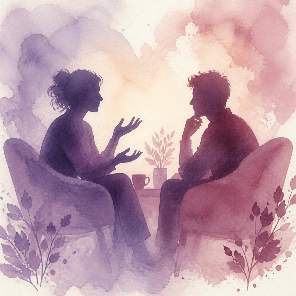 Watercolor of two people in conversation, representing open communication between partners