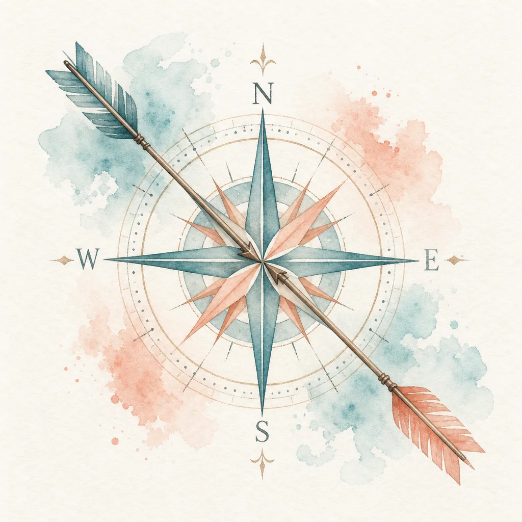 Watercolor of a compass with converging arrows, representing aligned direction in the swinging lifestyle