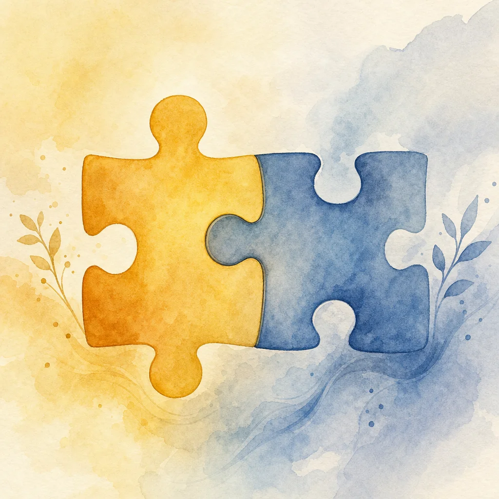 Watercolor of two connecting puzzle pieces, representing couple compatibility in dating profiles
