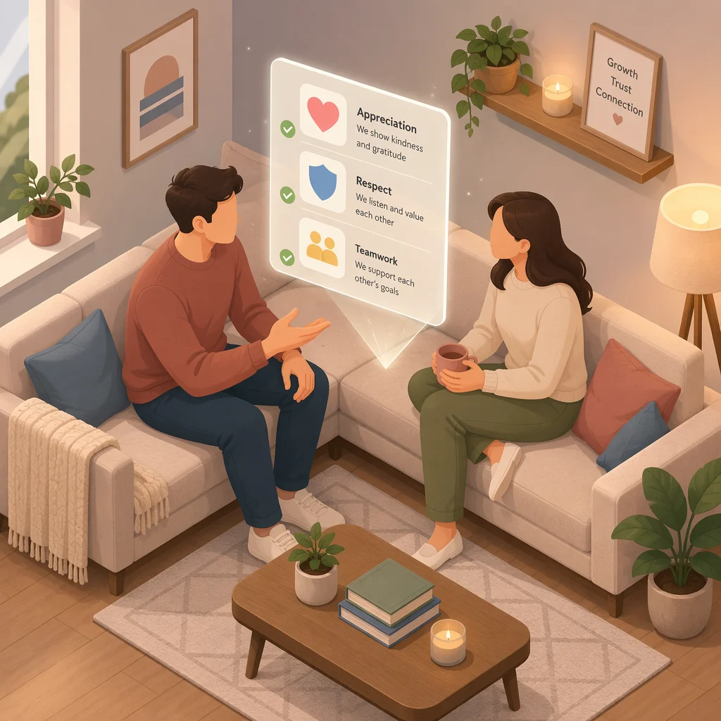 Isometric illustration of a couple having a calm conversation on a sofa with a checklist floating between them, representing emotional preparation for cuckold dating