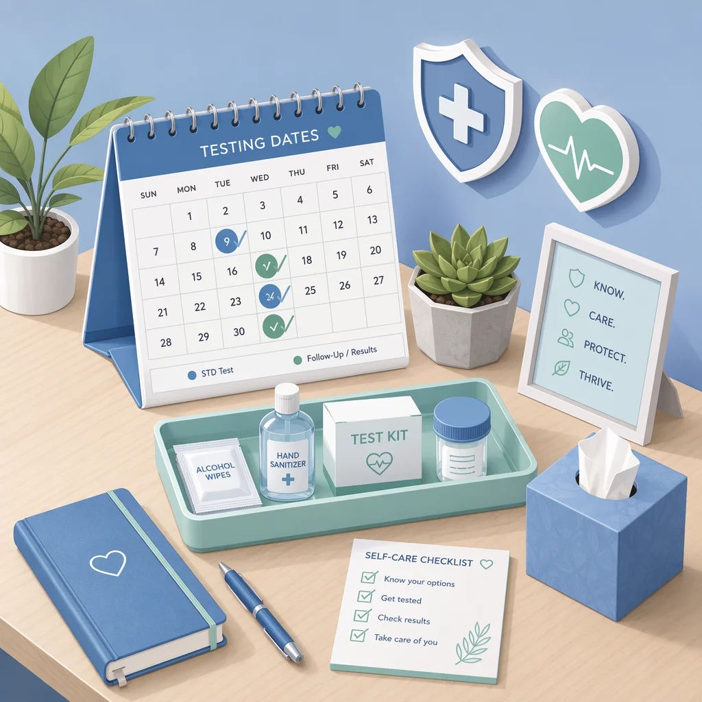 Isometric illustration of a calendar marked with testing dates and protective supplies on a clean desk, representing STI safety planning