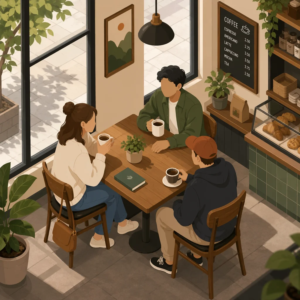 Isometric illustration of three people sitting at a cafe table with coffee cups, talking in a public setting, representing safe first meetings